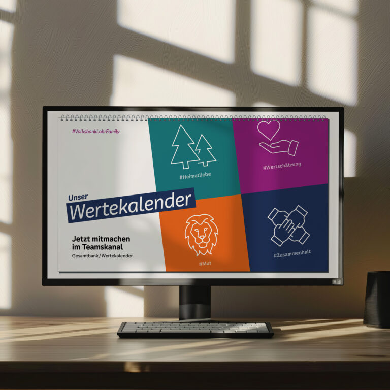 Gestaltung des Wertekalender für die Volksbank Lahr als Mock-Up im Bildschirm, Vollmone Werbeagentur GmbH